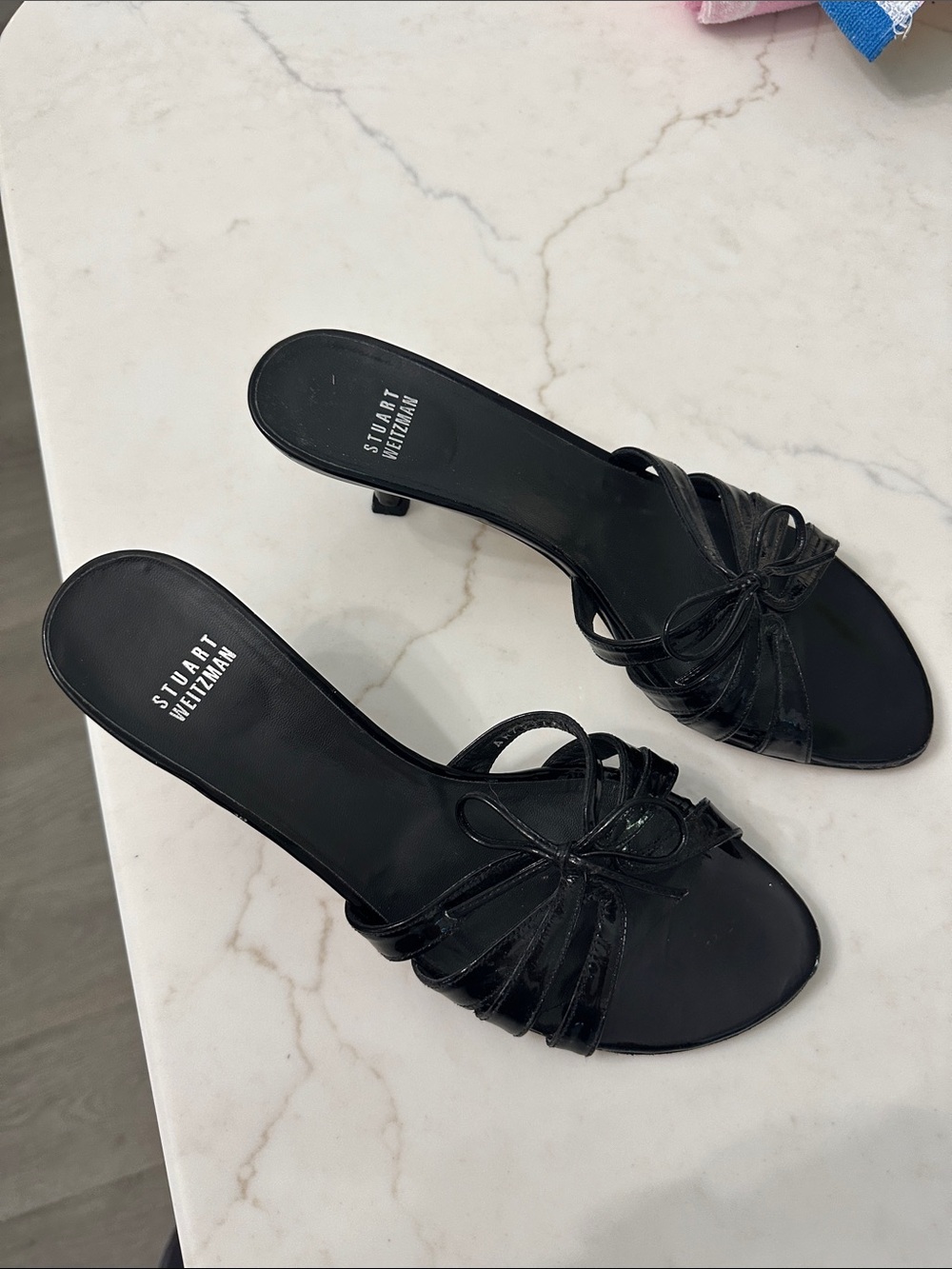 Stuart Weitzman Black Strappy Low Heel Mules